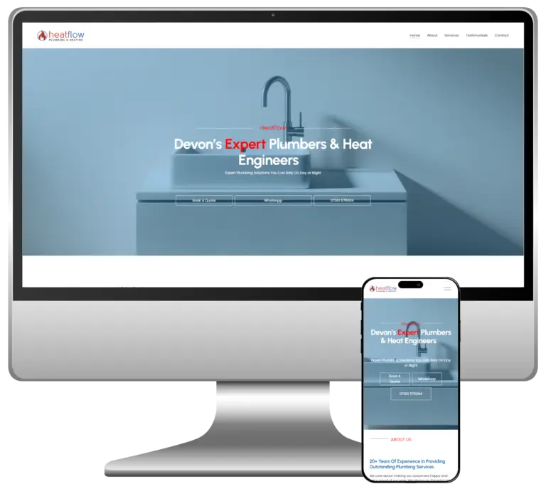An example of our web design, Heatflow SW's website shown on a computer screen and a phone screen.