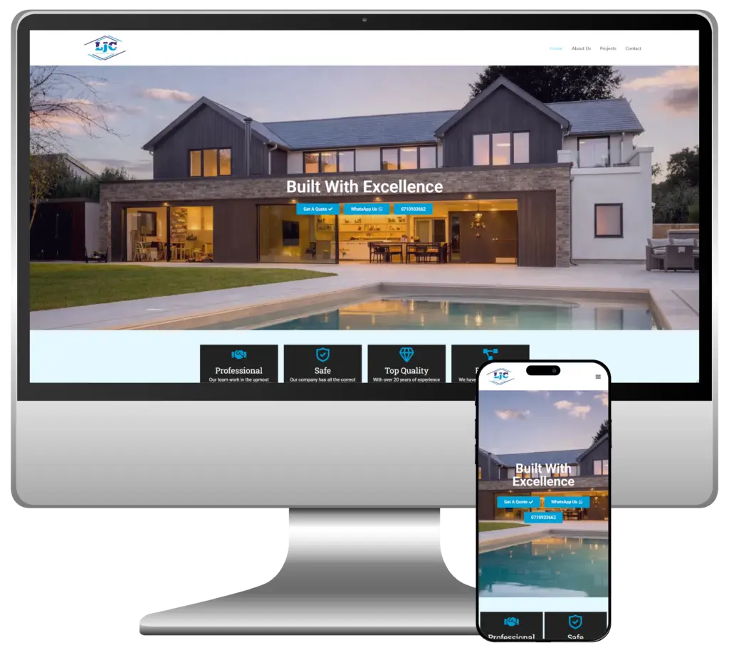 An example of our web design, LJC construction's website shown on a computer screen and a phone screen.