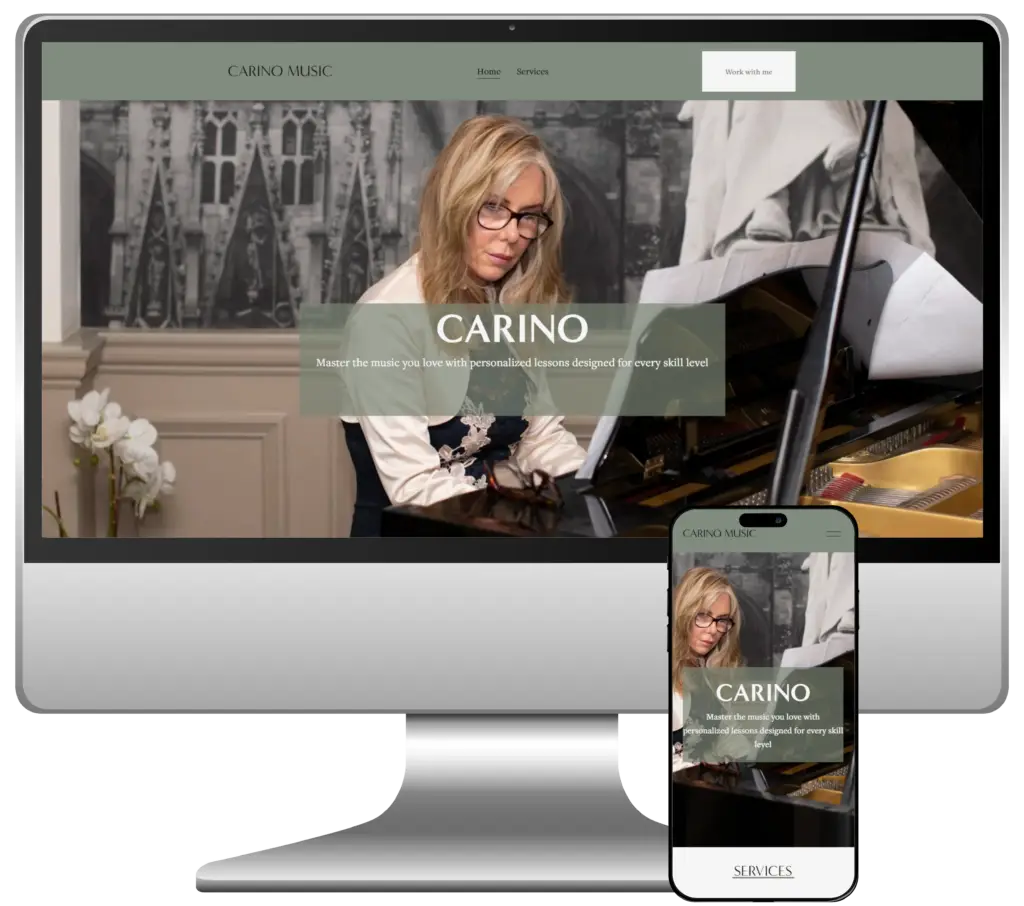 An example of our web design, Carino music's shown on a computer screen and a phone screen.