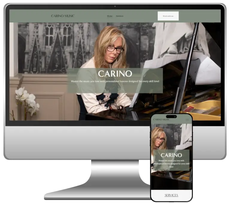 An example of our web design, Carino music's shown on a computer screen and a phone screen.